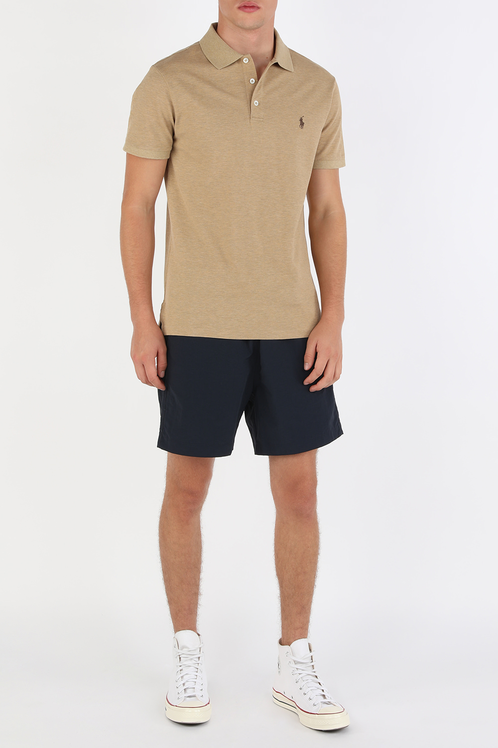 Knit Sleeve Cotton Polo Shirt in Beige